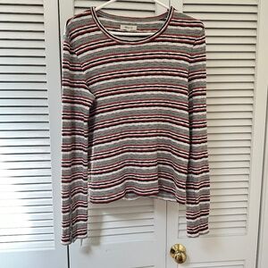 Madewell Long Sleeve Textured T Shirt Horizontal Stripes Ribbing Button Cuffs LG